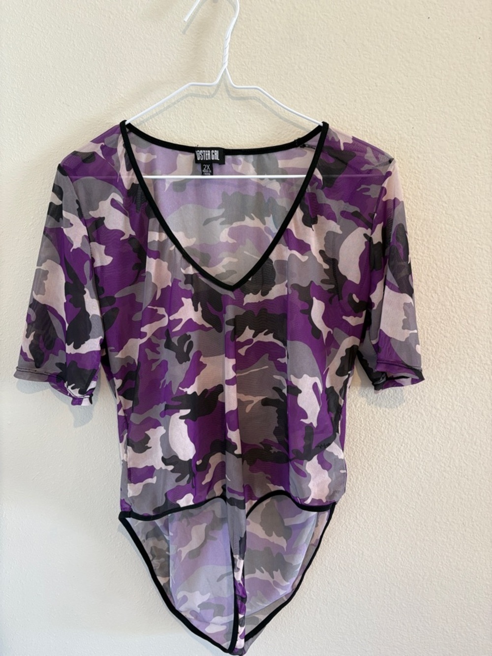 Poster Girl Camouflage sheer mesh bodysuit with short sleeves